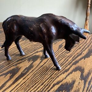 Vintage Brown Bovine Leather Wrapped Bull Sculpture Figurine Glass Eyes